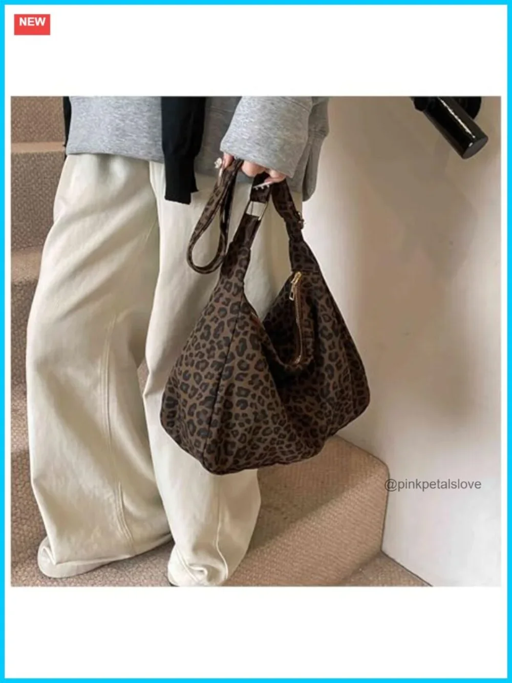Canvas Hobo Shoulder Bag with Zipper, Trendy Animal Print Tote, Lightweight